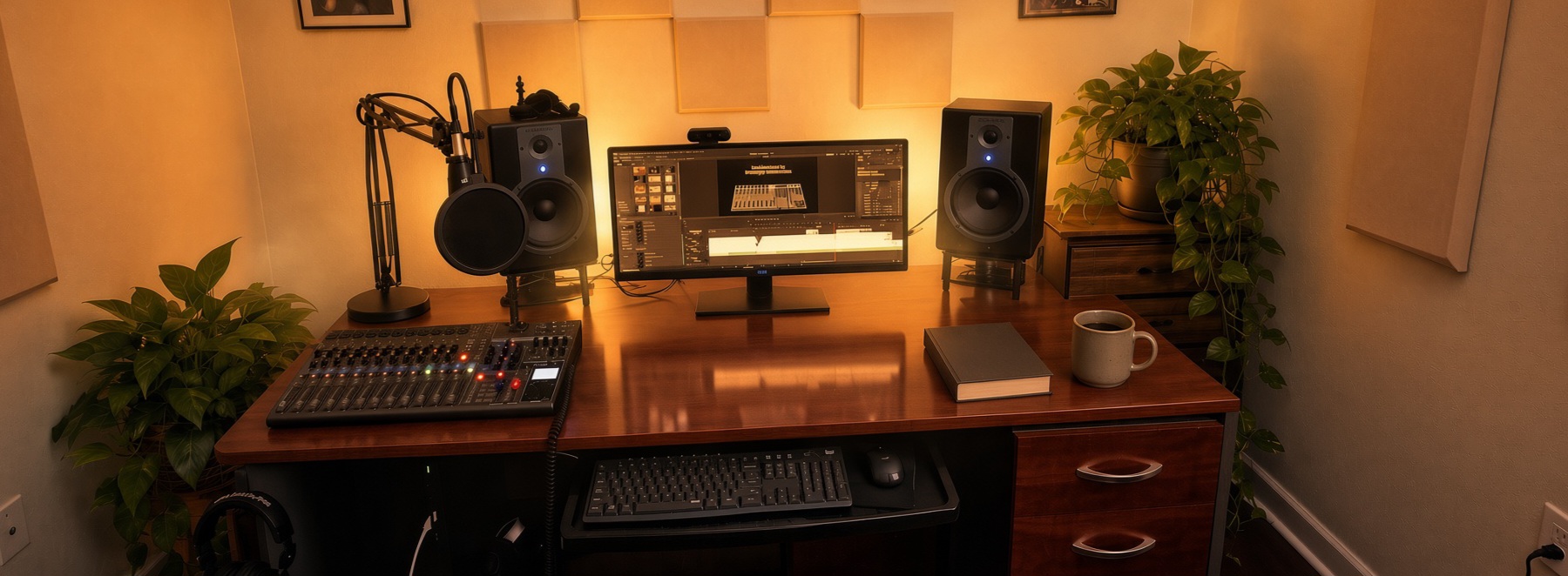 Home recording studio with Zoom Livetrak L-12 mixer and monitors